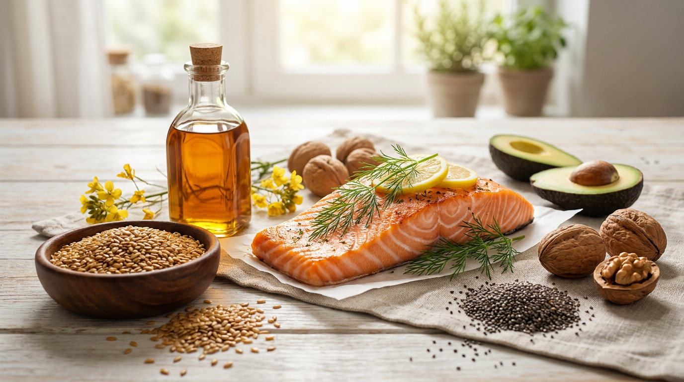 Une sélection d'aliments riches en oméga-3 : saumon, huile, noix, avocat et graines sur une table en bois.