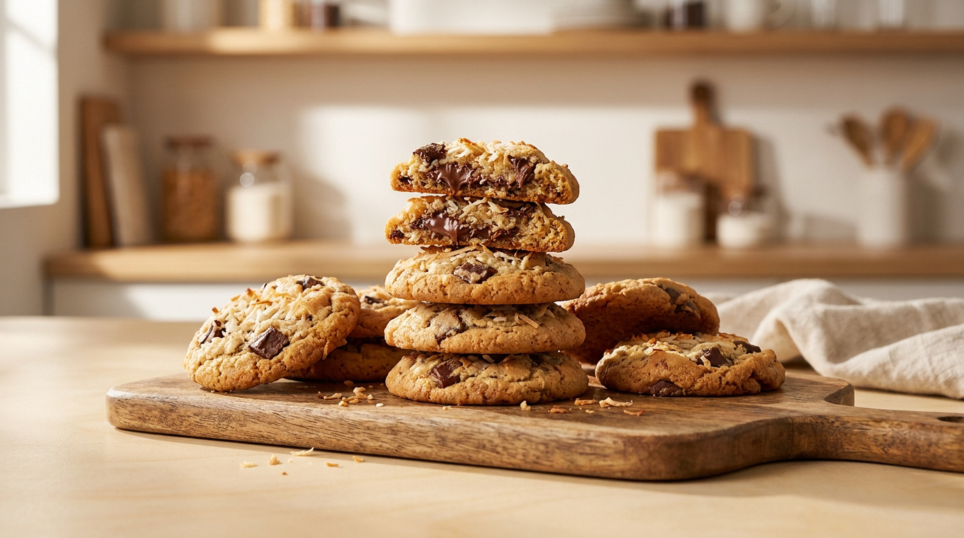 Une pile de biscuits au chocolat et à la noix de coco posés sur une planche en bois dans une cuisine lumineuse.
