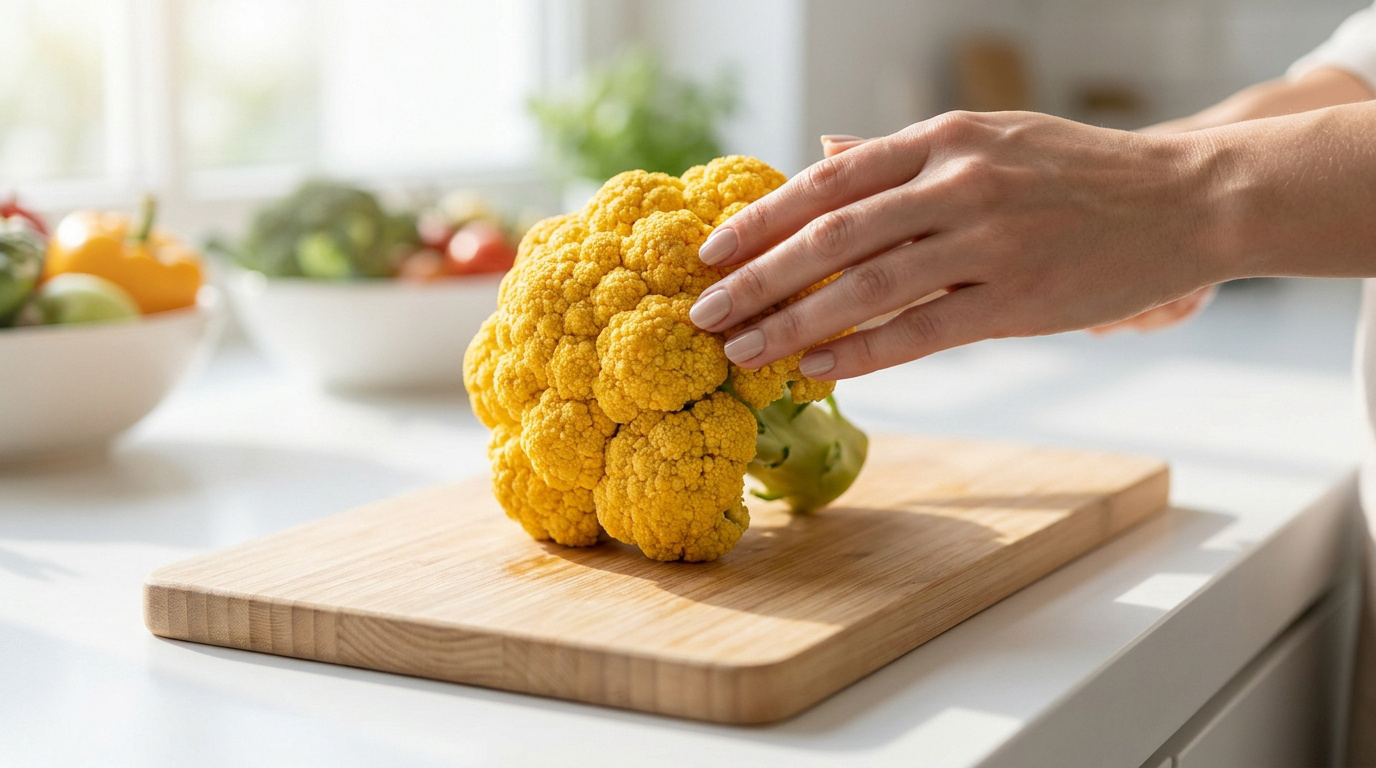 Mains d'une personne touchant un chou-fleur jaune frais sur une planche à découper en bois dans une cuisine lumineuse.
