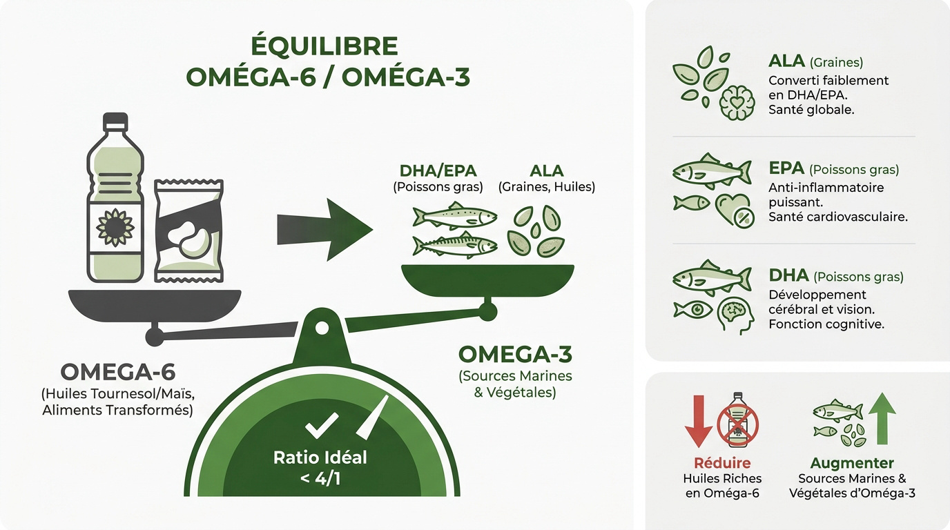 Infographie sur l'équilibre entre les oméga-6 et les aliments riches en omega 3