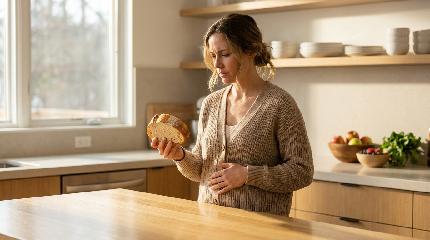 Une femme hésite devant une tranche de pain dans sa cuisine, l'air préoccupé en tenant son ventre.