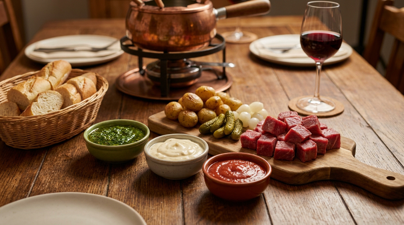 Une table préparée pour une fondue bourguignonne avec de la viande, des sauces, des pommes de terre et du pain.