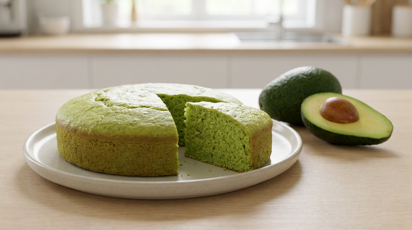 Un cake à l'avocat vert vif sur une assiette claire, accompagné d'un avocat entier et d'une moitié sur une table en bois.
