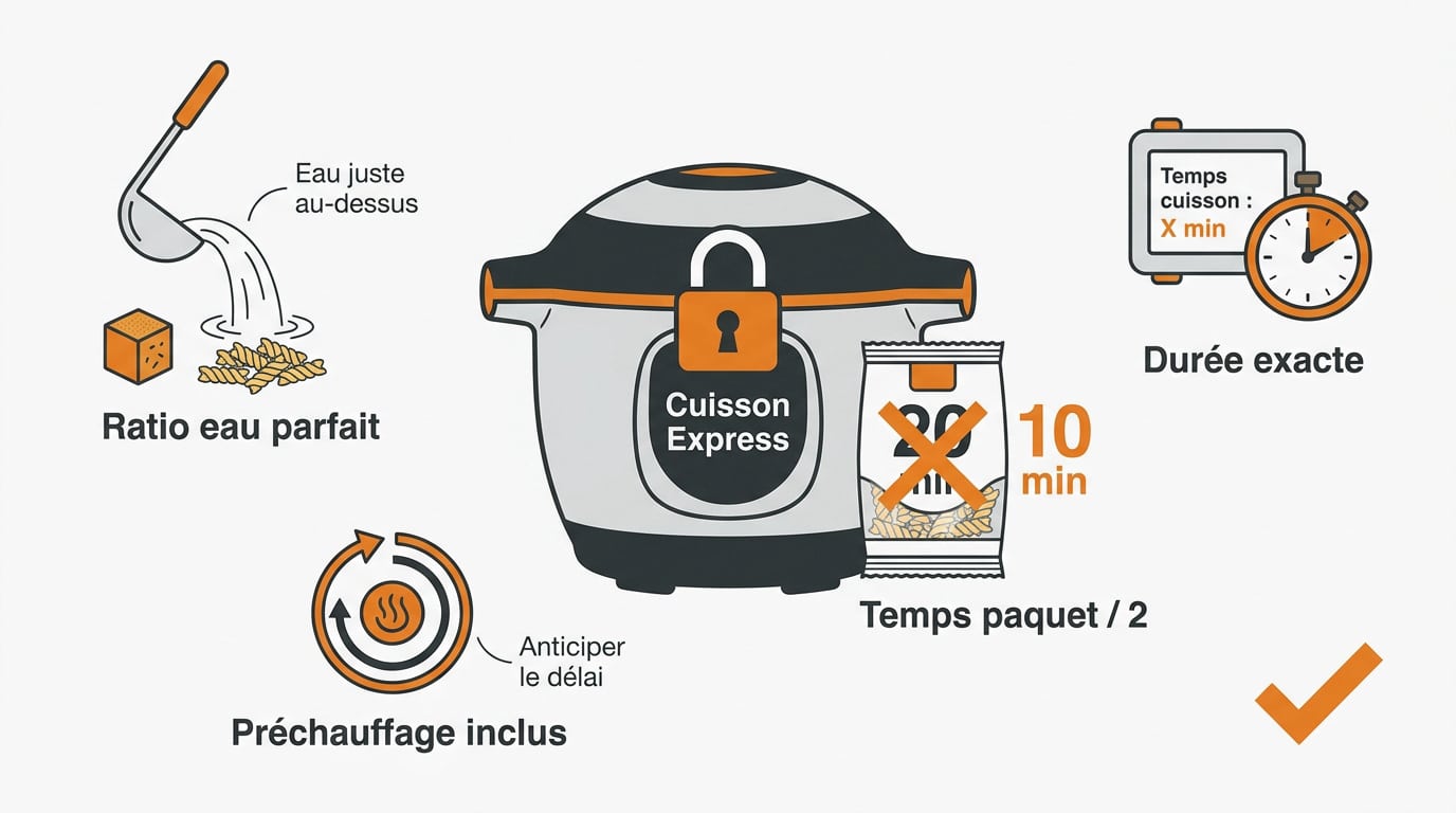 Infographie expliquant le temps de cuisson et le dosage de l'eau pour les pâtes au Cookeo