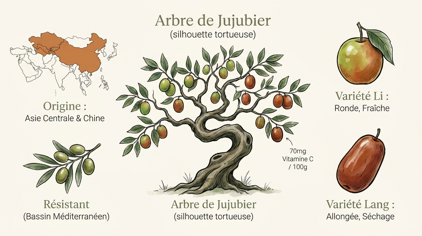 Infographie présentant les origines asiatiques et les variétés Li et Lang du jujubier
