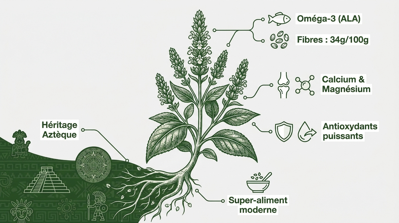 Infographie détaillant les bienfaits nutritionnels et l'origine de la Salvia hispanica