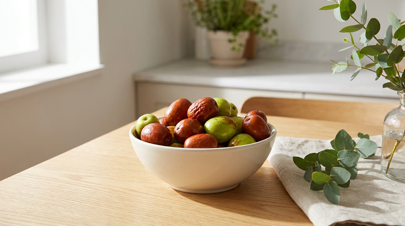 Un bol en céramique rempli de jujubes frais, verts et rouges, posé sur une table en bois dans une cuisine lumineuse.