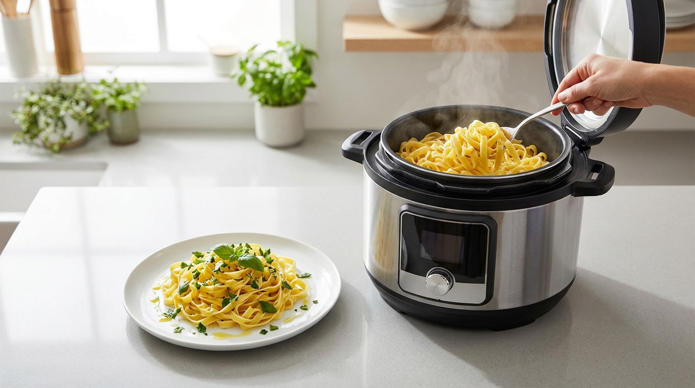 Des pâtes fraîches fumantes dans un autocuiseur Cookeo avec une assiette de tagliatelles au basilic à côté.