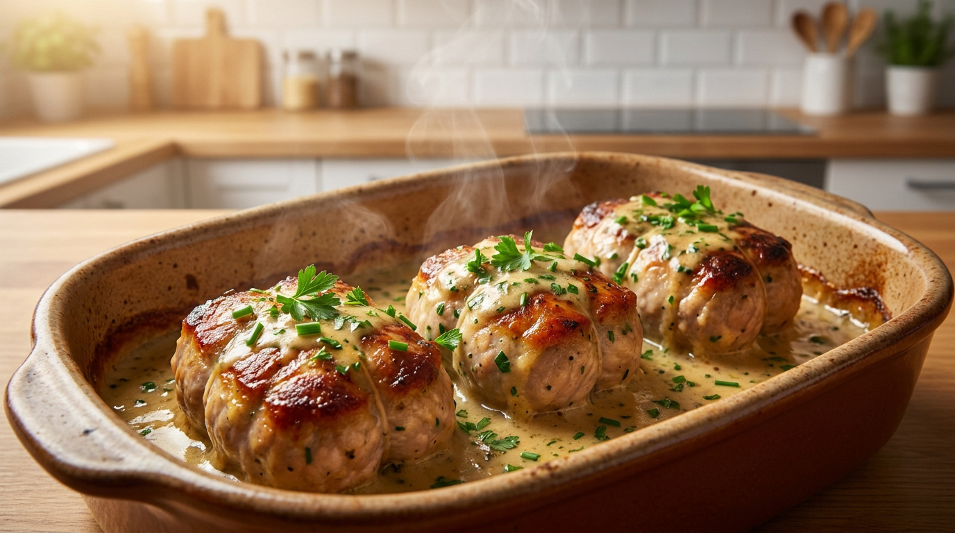 Trois paupiettes de porc cuites dans un plat en terre cuite fumant avec une sauce crémeuse et des herbes.