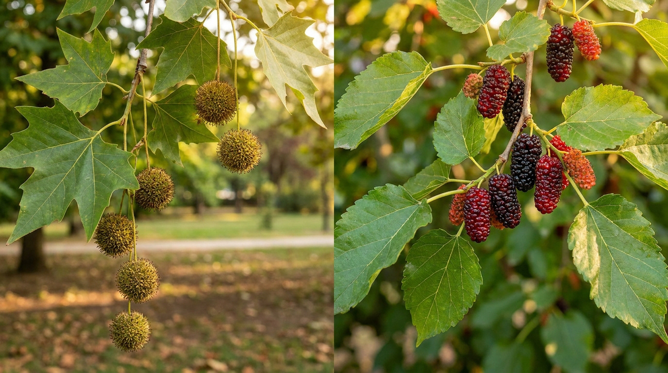 Comparaison entre les boules épineuses du platane et les grappes de mûres comestibles du mûrier platane.