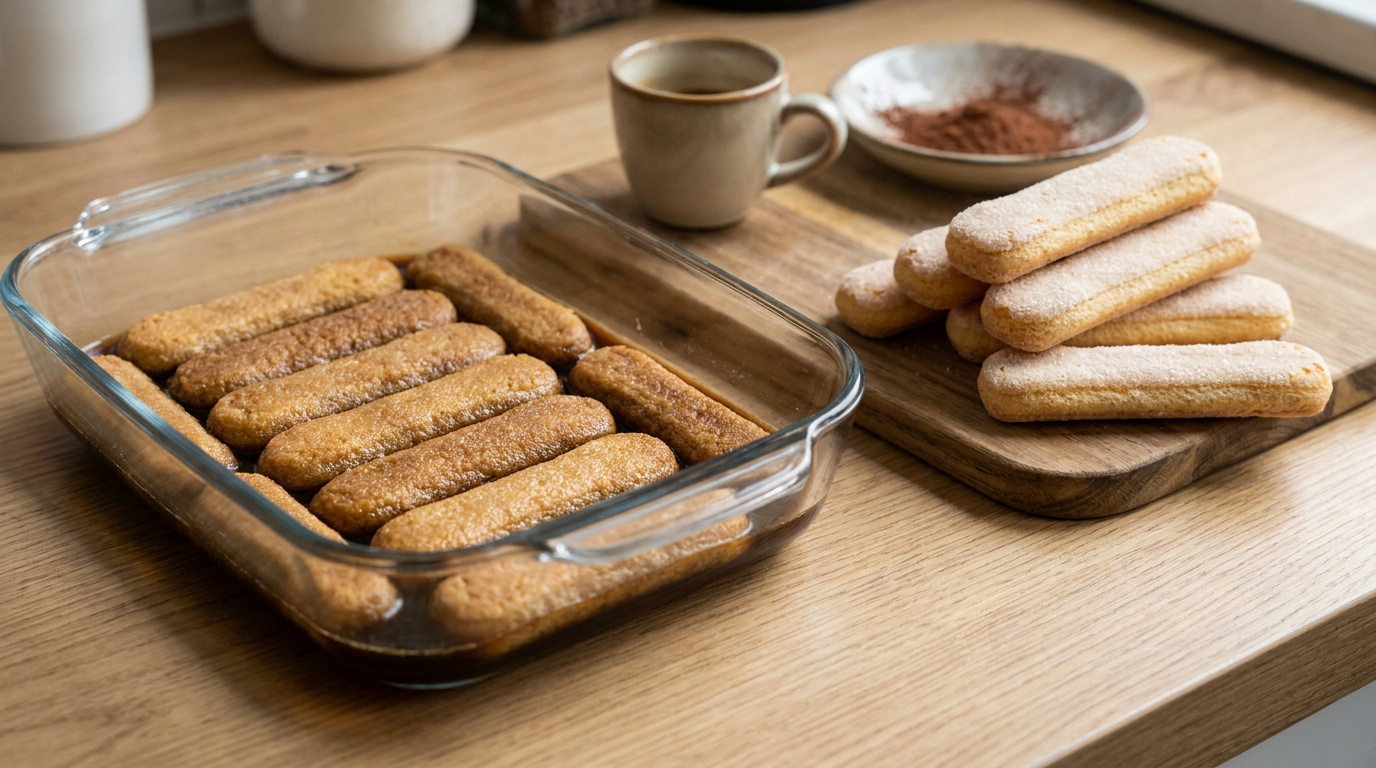 Biscuits à la cuillère trempés dans du café dans un plat en verre et une pile de biscuits secs sur une planche.