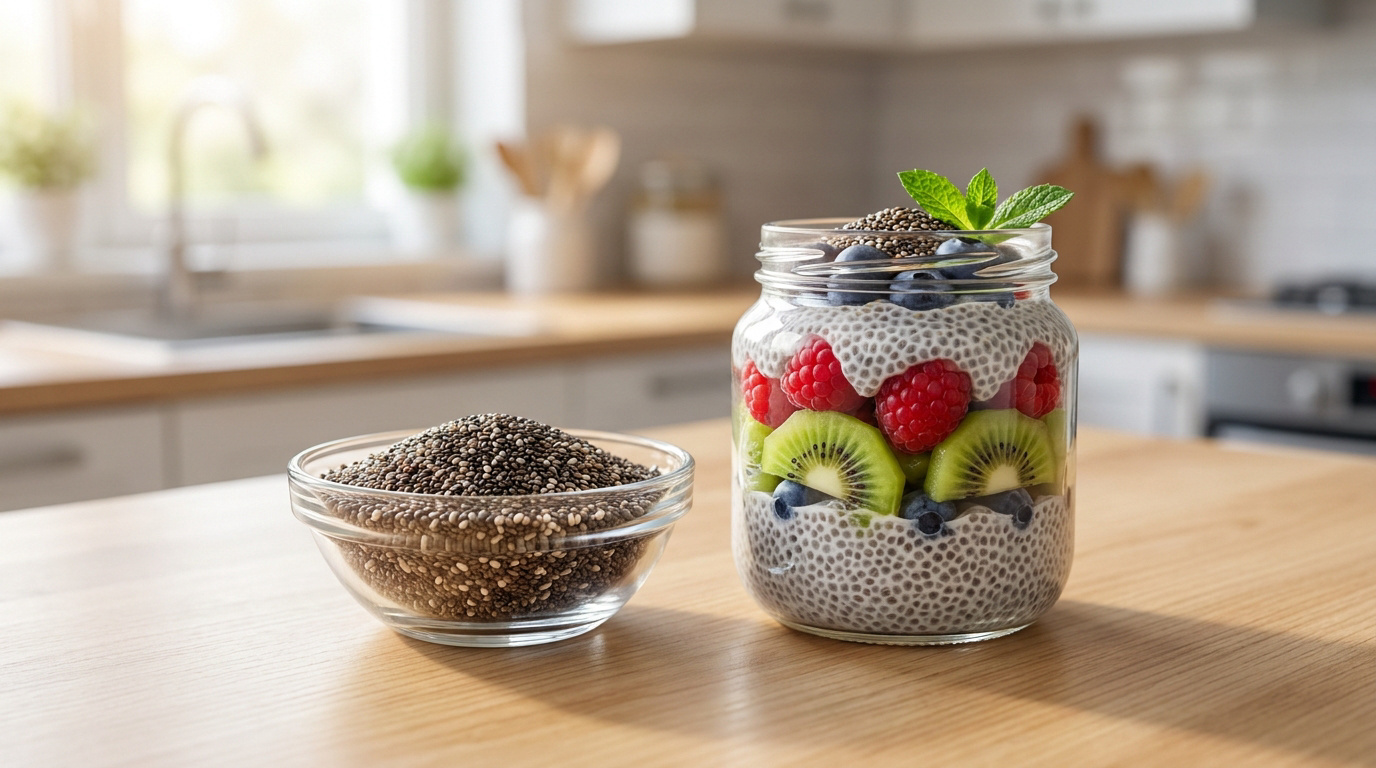 Bol de graines de chia et pot en verre rempli de pudding de chia, framboises, myrtilles et tranches de kiwi sur une table.