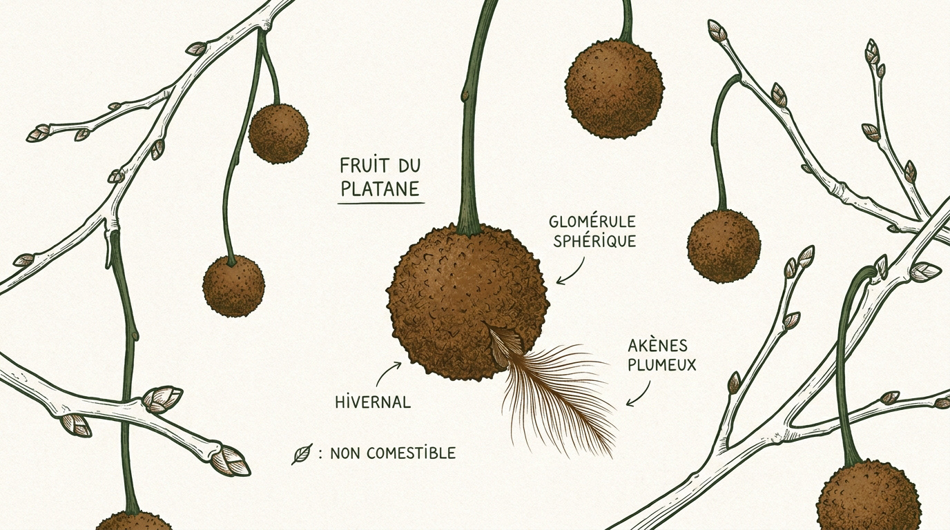 Rameau de platane commun montrant un fruit sphérique et des akènes plumeux