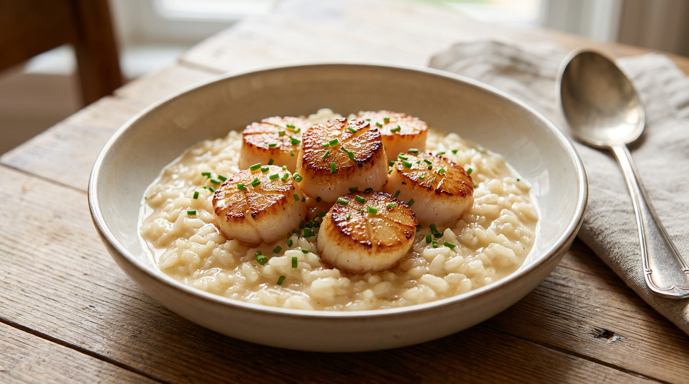 Une assiette de risotto crémeux surmontée de noix de Saint-Jacques poêlées et parsemées de ciboulette fraîche.