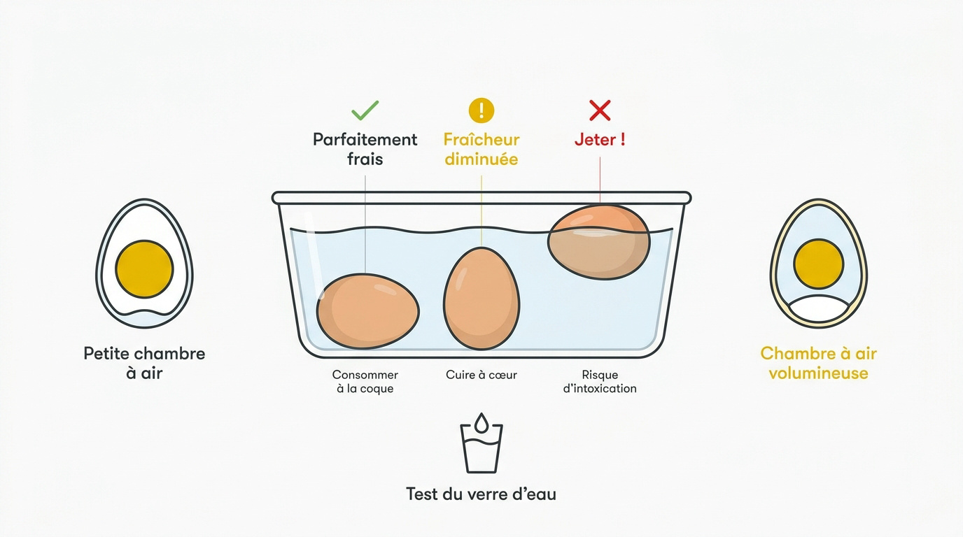Schéma explicatif du test de flottaison pour vérifier la fraîcheur d'un œuf dans un verre d'eau