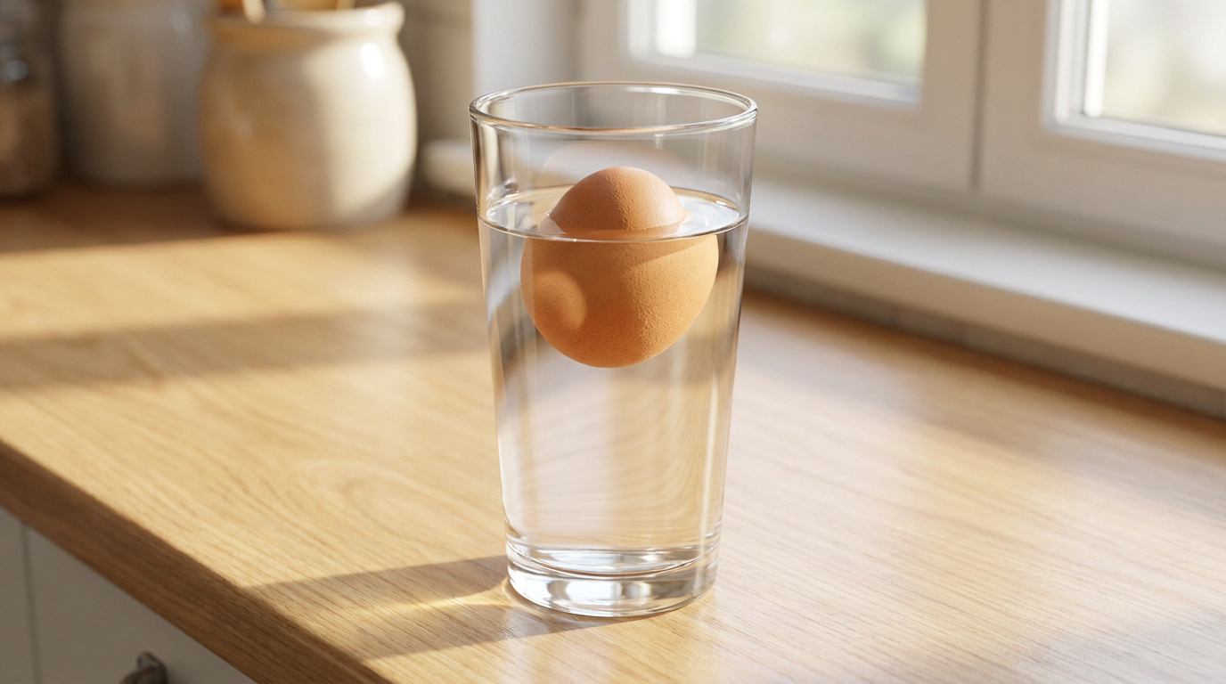 Un œuf brun flotte à la surface d'un verre d'eau posé sur un plan de travail en bois près d'une fenêtre.