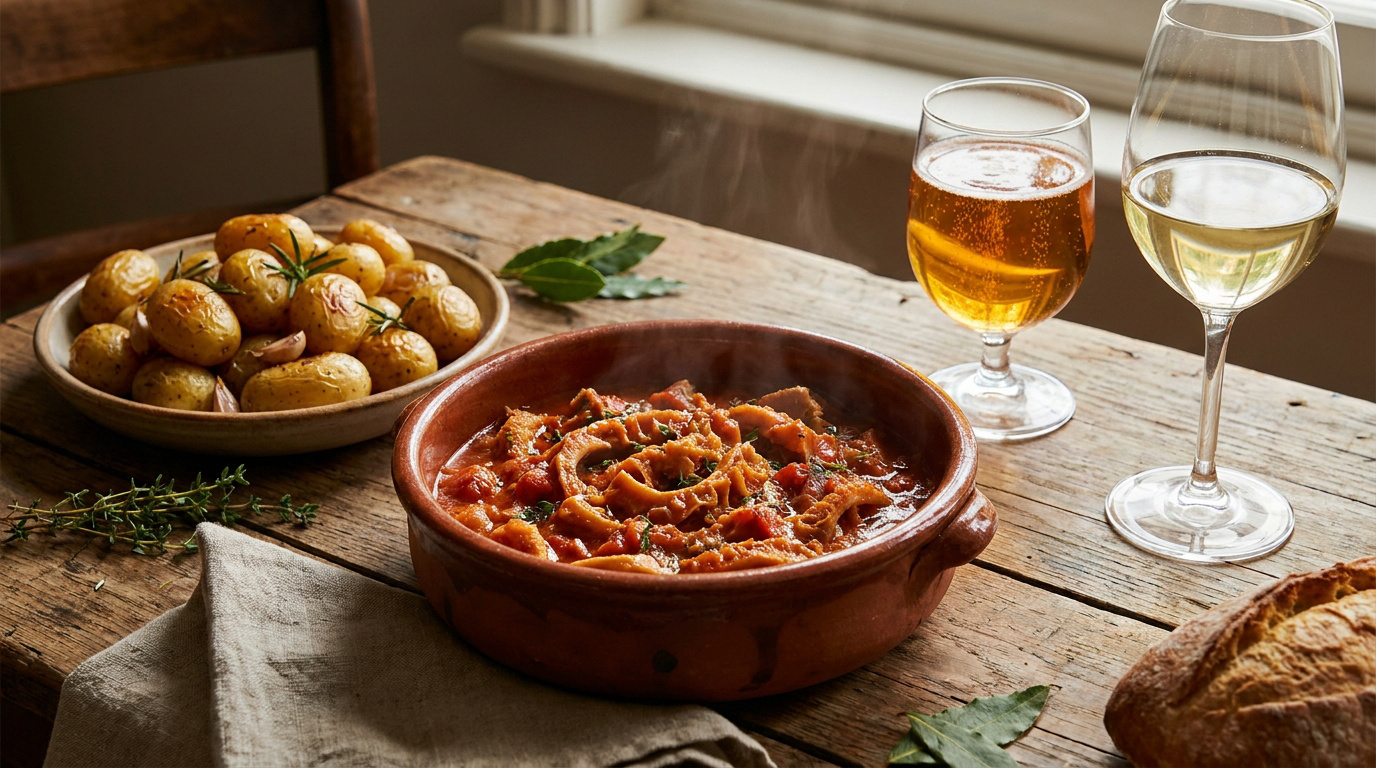 Un plat de tripes fumant dans un plat en terre cuite, accompagné de pommes de terre rissolées, de pain et de deux verres.