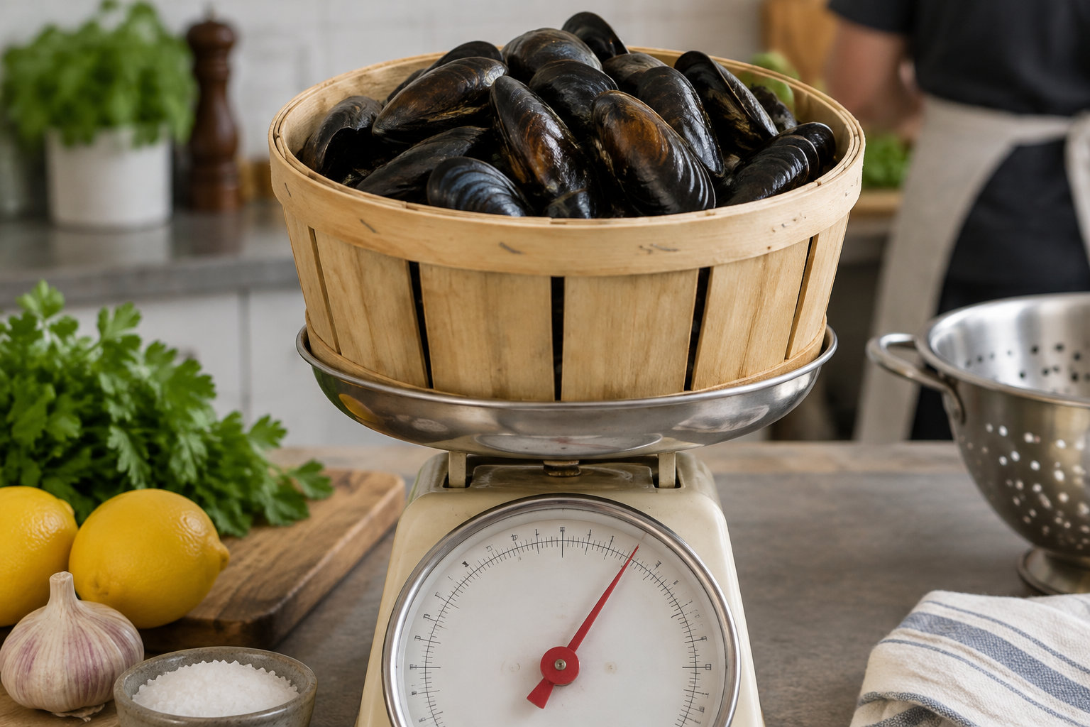 Un panier en bois rempli de moules repose sur une balance de cuisine, à côté de citrons, d’ail, de sel et de persil.