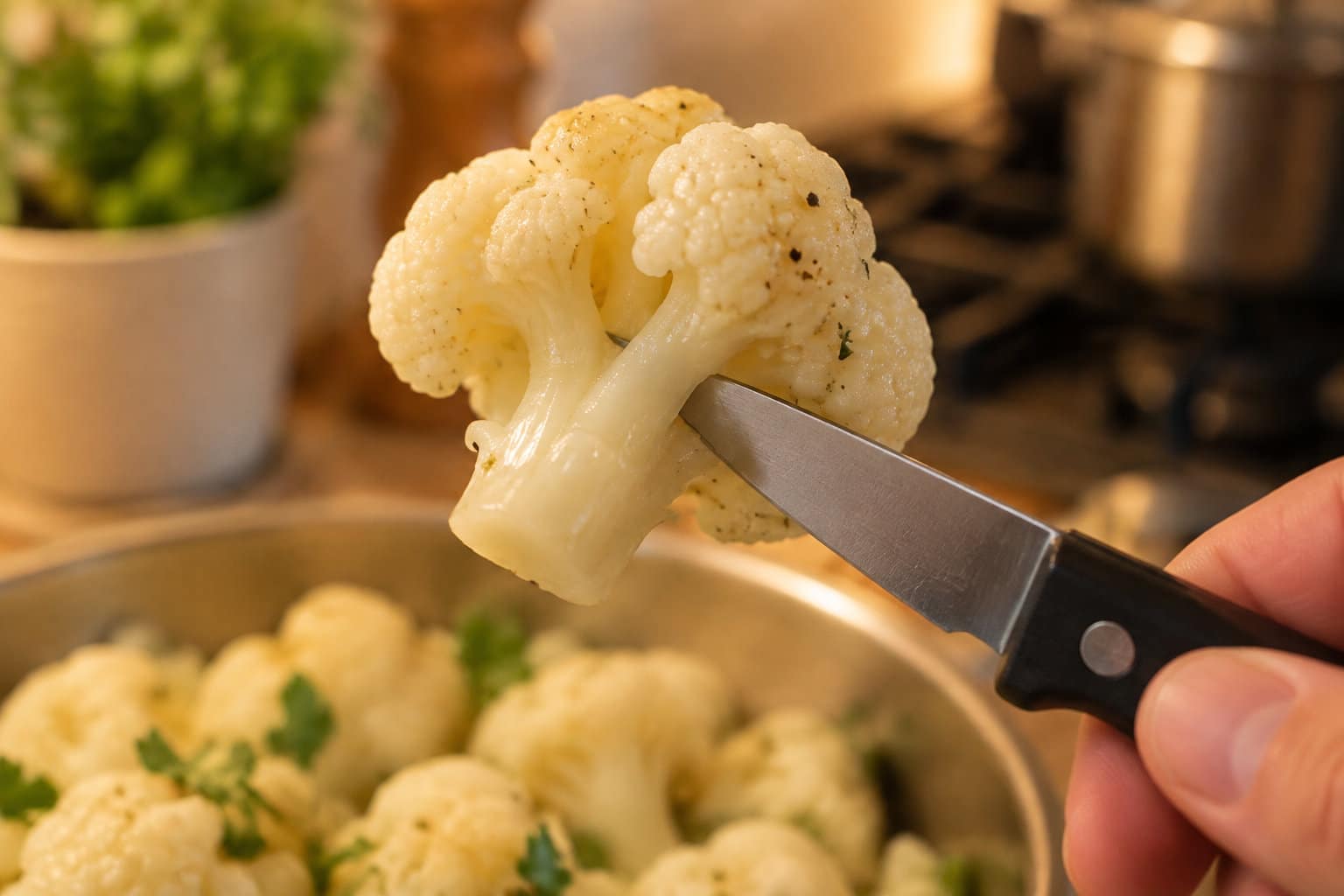 Une main tient un couteau sous un morceau de chou-fleur cuit, au-dessus d’une casserole remplie de bouquets de chou-fleur.