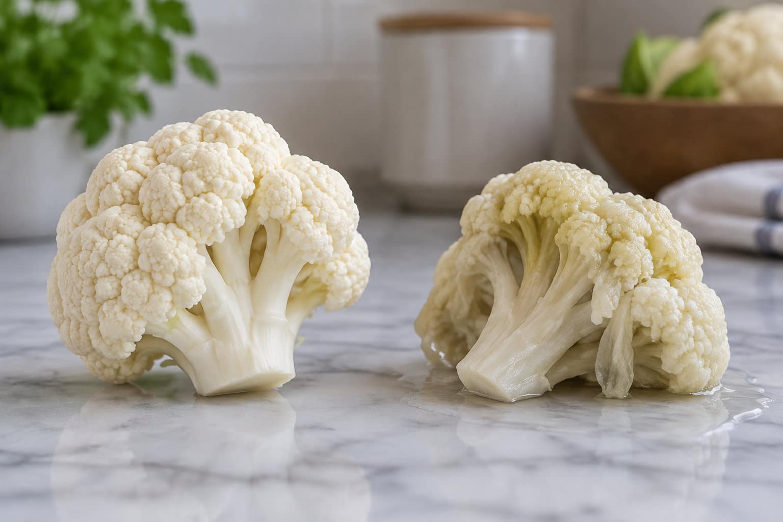 Deux morceaux de chou-fleur sont posés sur un plan de travail en pierre dans une cuisine.