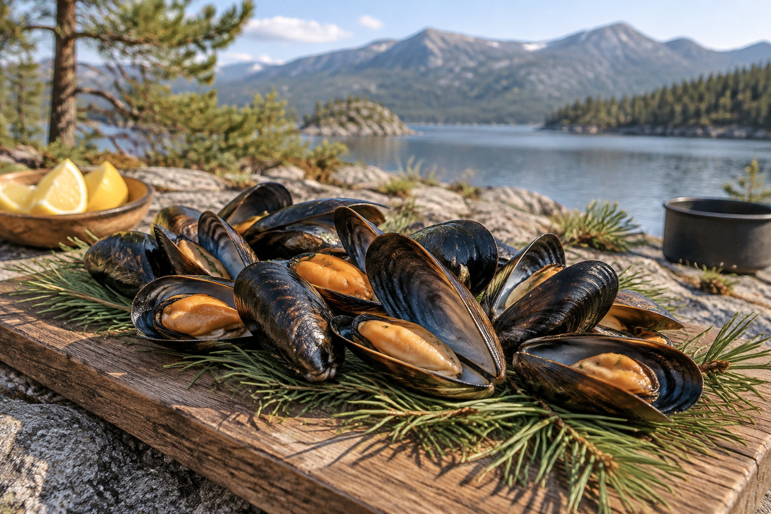 Des moules ouvertes sont disposées sur des branches de conifère, sur une planche en bois au bord d’un lac de montagne, avec des quartiers de citron dans un bol et une tasse sombre à proximité.