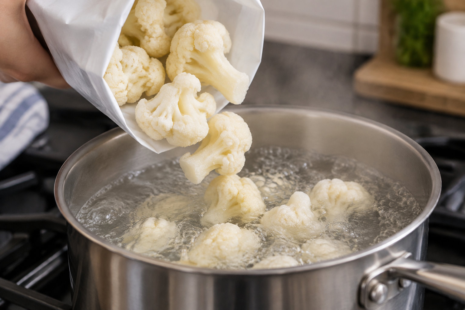 Des fleurettes de chou-fleur sont versées dans une casserole d’eau bouillante.