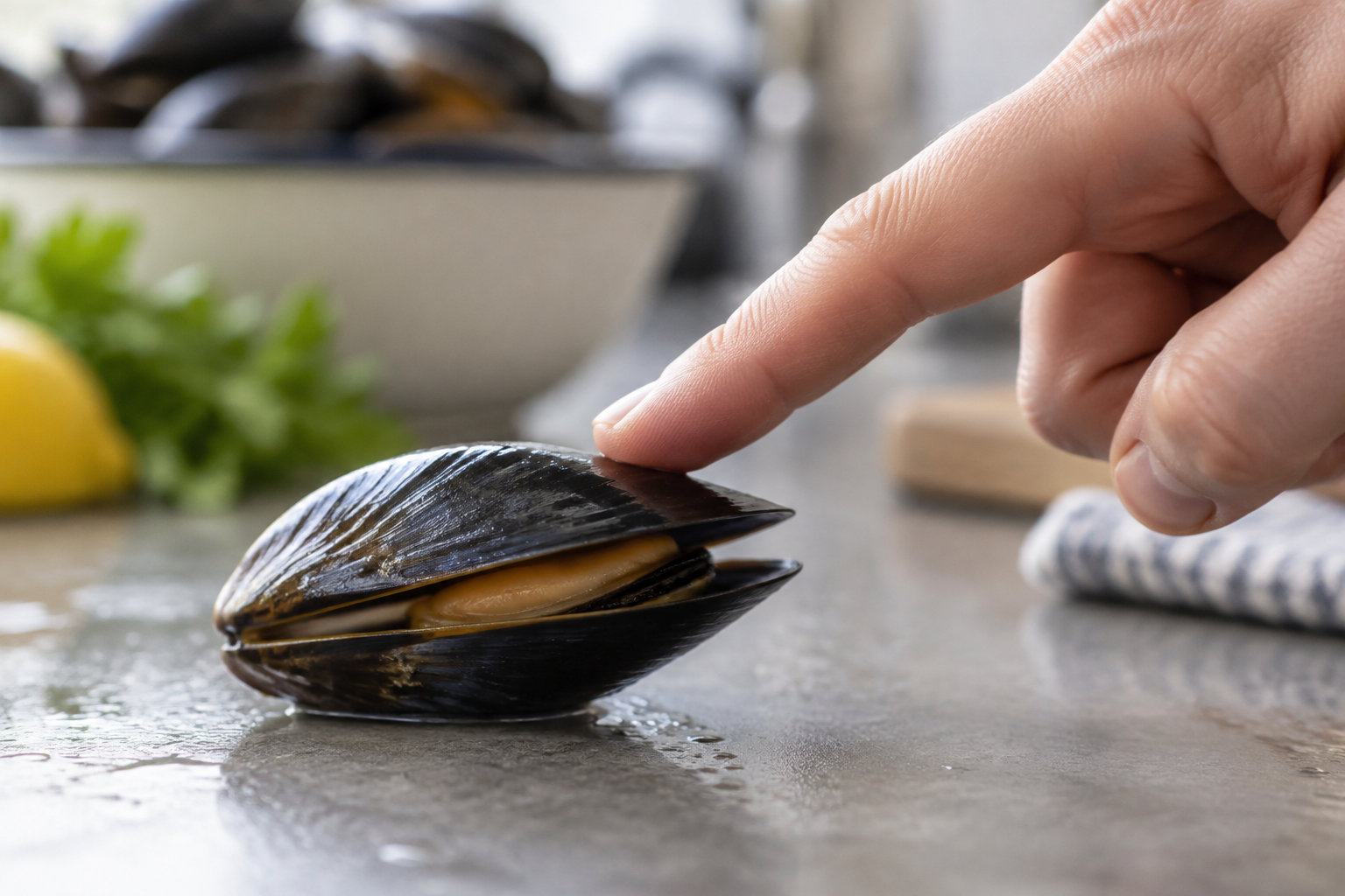 Un doigt soulève la coquille d’une moule entrouverte posée sur un plan de travail humide.