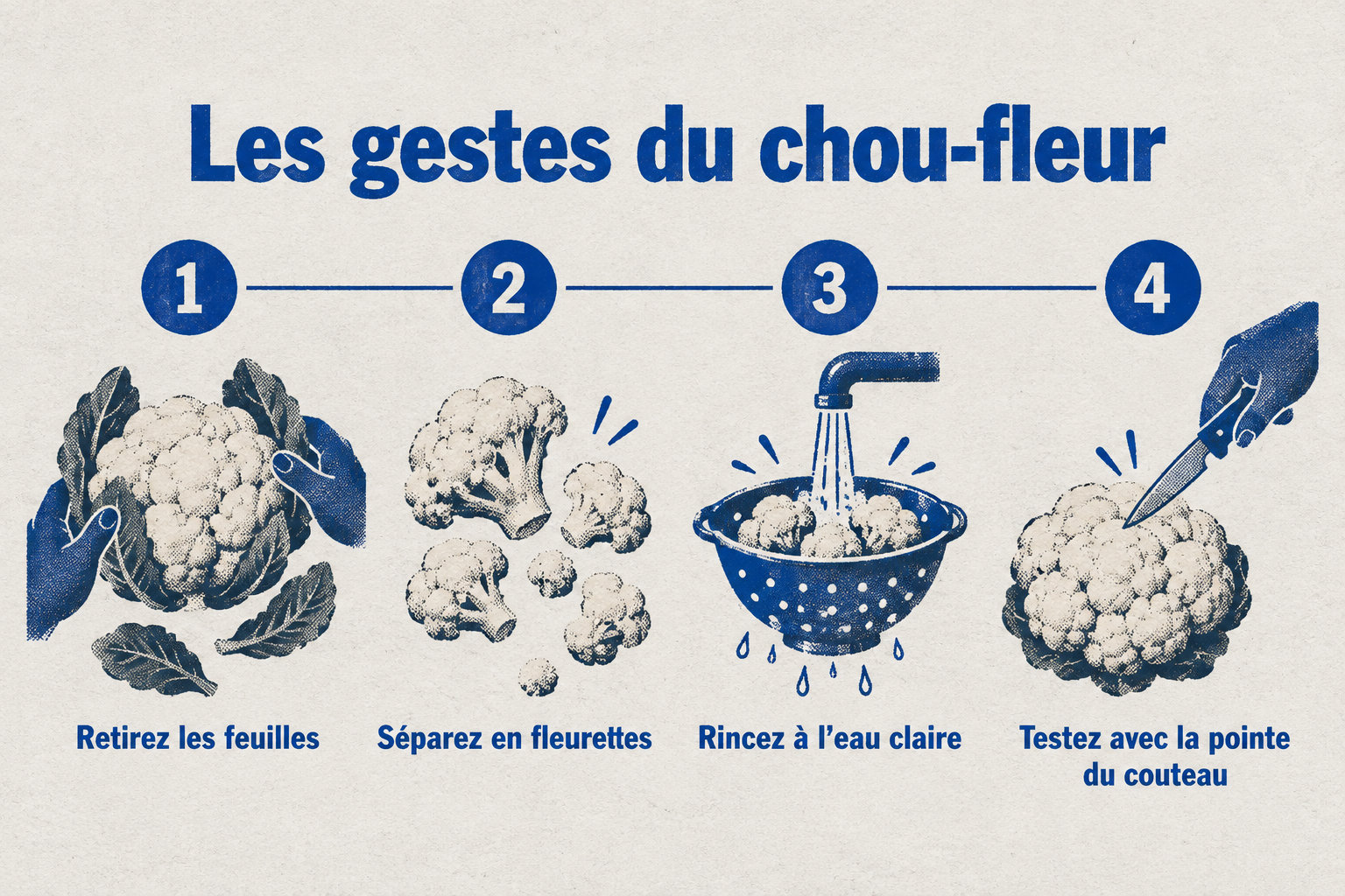 Quatre étapes illustrées montrent comment retirer les feuilles, séparer les fleurettes, les rincer puis vérifier leur cuisson avec la pointe d’un couteau.
